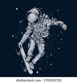 Astronaut Skateboarding in Space on black background