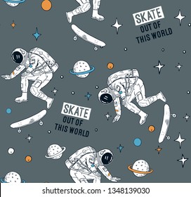 Astronaut skateboarding in space seamless pattern. Vector illustrations for t-shirt prints, posters and other uses. 