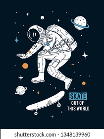 Astronaut skateboarding in space. Vector illustrations for t-shirt prints, posters and other uses. 