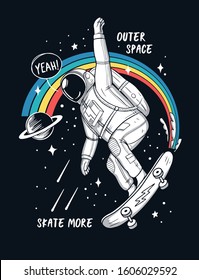 Patinaje astronauta en el espacio. Ilustraciones vectoriales para impresiones en pantalones t, carteles y otros usos. 