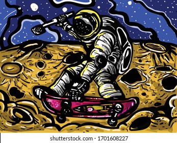 Astronaut skateboarding in space. Vector illustrations for t-shirt prints, posters and other uses.