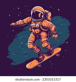 Astronaut skater character in spacesuit playing skateboard Vintage logo badge vector illustration for t shirt and poster design