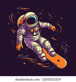 Astronautenskaterfigur im Weltraum, der Skateboard spielt Vintage Logo-Abzeichen, Vektorgrafik für T-Shirt- und Posterdesign