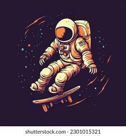 Astronaut skater character in spacesuit playing skateboard Vintage logo badge vector illustration for t shirt and poster design