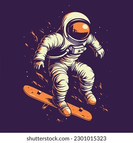 Astronaut skater character in spacesuit playing skateboard Vintage logo badge vector illustration for t shirt and poster design