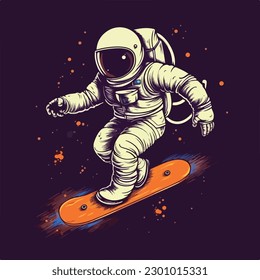 Carácter de patinador astronauta en espacio de juego de patineta de la insignia del logotipo Vintage ilustración vectorial para el diseño de camisetas y afiches