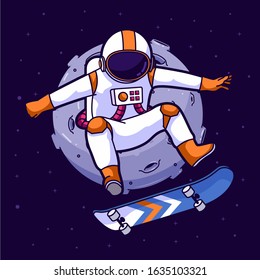 Astronaut skater in space, vector cartoon illustration