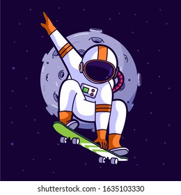 Astronaut skater in space, vector cartoon illustration