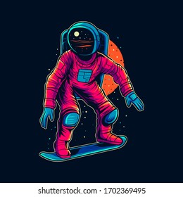 astronaut skating on space over the moon, vector illustration design isolated on dark background