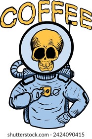 astronaut skeleton drinks coffee in the space