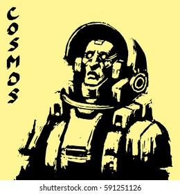 Astronaut sketch on yellow background. Cool science fiction spaceman cover. Vector illustration.