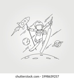 astronaut skiing on space with planet and rocket vector symbol illustration design