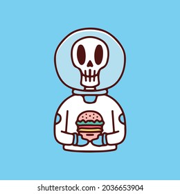 Astronaut skull with burger. illustration for t shirt, poster, logo, sticker, or apparel merchandise.