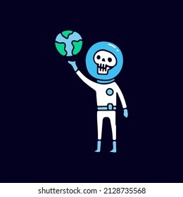 Astronaut skull with earth planet, illustration for t-shirt, sticker, or apparel merchandise. With doodle, retro, and cartoon style.