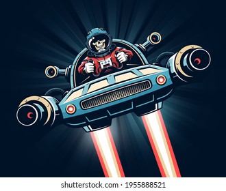 Astronaut with skull face flying on spaceship - retro comics poster. Spaceman pilot on battle shuttle.