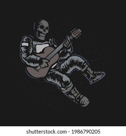The astronaut skull floating in space playing acoustic guitar