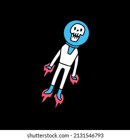 Astronaut skull flying like a rocket, illustration for t-shirt, sticker, or apparel merchandise. With doodle, retro, and cartoon style.