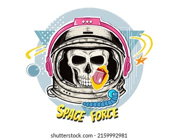 Astronaut skull in space helmet   pink headphones pop art vector illustration  Bright collage in zine culture style  Human skeleton head cosmonaut and srats   tongue symbol sticker 