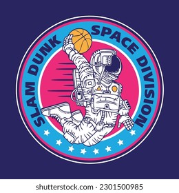 Diseño Del Logotipo De La Cesta De La Canasta De Astronauta Slam Dunk En El Emblema Espacial 