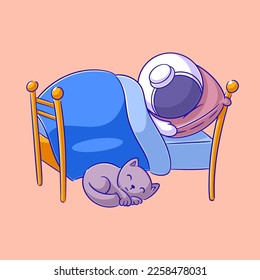 Astronaut is sleeping in bed with cat