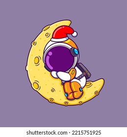 The astronaut is sleeping on a moon and so soundly while wearing a santa hat of illustration