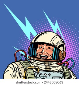 The astronaut smiles. The hero rejoices at another victory. Exploring outer space together. Pop Art Retro Vector Illustration Kitsch Vintage 50s 60s Style