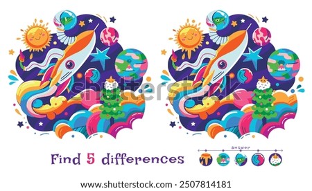 The astronaut snake installed a Christmas tree on a neighboring planet. Find 5 differences. Educational game for children. Cartoon vector illustration