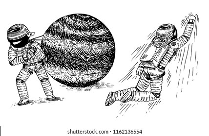 Astronaut soaring or flying on rocket. Spaceman pulls the planet Jupiter. astronomical galaxy space. cosmonaut explore adventure. engraved hand drawn in old sketch. planets in solar system.