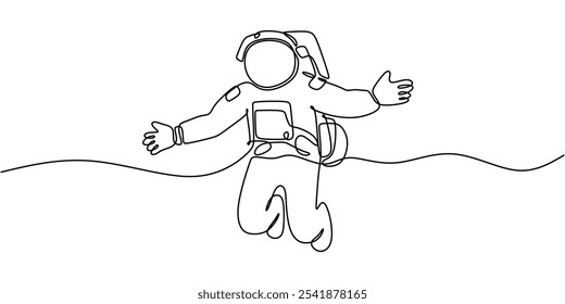 Astronaut soaring in space in continuous one line drawing. Minimalist object design focused on space travel.