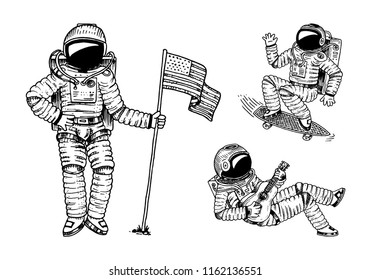 Astronaut soaring with the USA flag. Dancing spaceman with skateboard and guitar. adventure in the astronomical galaxy space. cosmonaut explores the planets in solar system. engraved hand drawn sketch