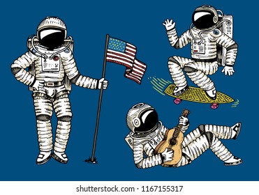 Astronaut soaring with the USA flag. Dancing spaceman with skateboard and guitar. adventure in the astronomical galaxy space. cosmonaut explores the planets in solar system. engraved hand drawn sketch