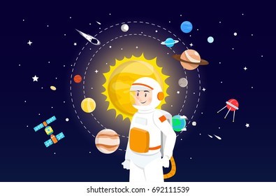 Astronaut with solar system illustration design