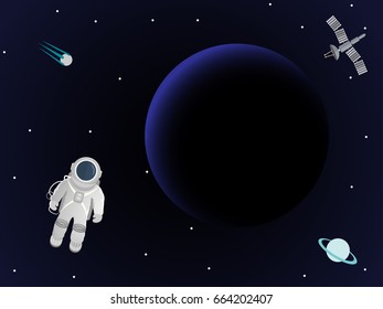 Astronaut in space against a background of a planet and a space station