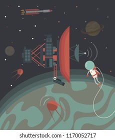 Astronaut in space against the background of stars and planets. Vector illustration.