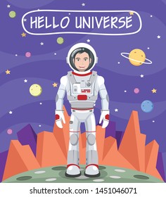 Astronaut in space against the background of stars and planets. Vector illustration.