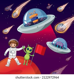 An astronaut in space with alien in ufo illustration