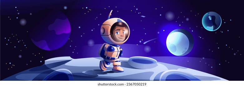 Astronaut at space background banner in flat cartoon design. Cosmos fantasy poster with cute spaceman in spacesuit with helmet walking at cosmic surface planet with moon craters. Vector illustration