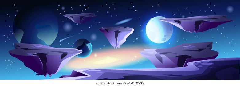 Astronauta en una pancarta de fondo espacial en diseño de dibujos animados planos. Afiche de fantasía Cosmos con un hombre espacial en el espacio caminando por una superficie cósmica con montañas y vistas al planeta morado. Ilustración del vector