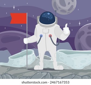Astronaut space background with cosmonaut holding red flag