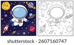 Astronaut in space. Black and white vector illustration for coloring book.