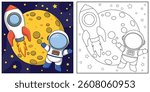 Astronaut in space. Black and white vector illustration for coloring book.