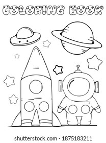 Astronauta en el espacio. Ilustración vectorial en blanco y negro para libro de colorantes