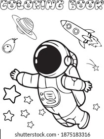 Astronauta en el espacio. Ilustración vectorial en blanco y negro para libro de colorantes