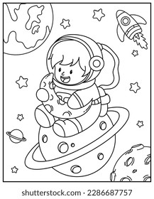 Astronaut in space. Black and white vector illustration for coloring book