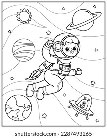 Astronauta en el espacio. Ilustración vectorial en blanco y negro para libro de colorantes