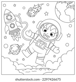 Astronaut im All. Schwarz-Weiß-Vektorgrafik für das Farbbuch