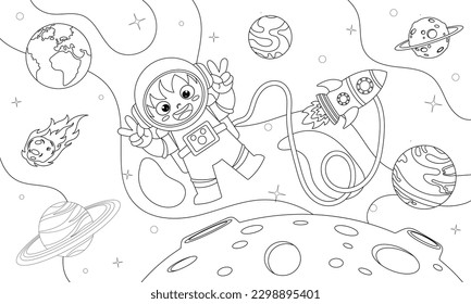 Astronaut in space. Black and white vector illustration for coloring book