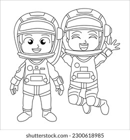 Astronaut in space. Black and white vector illustration for coloring book