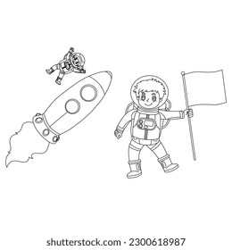 Astronaut in space. Black and white vector illustration for coloring book
