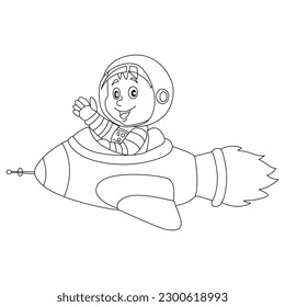 Astronaut in space. Black and white vector illustration for coloring book